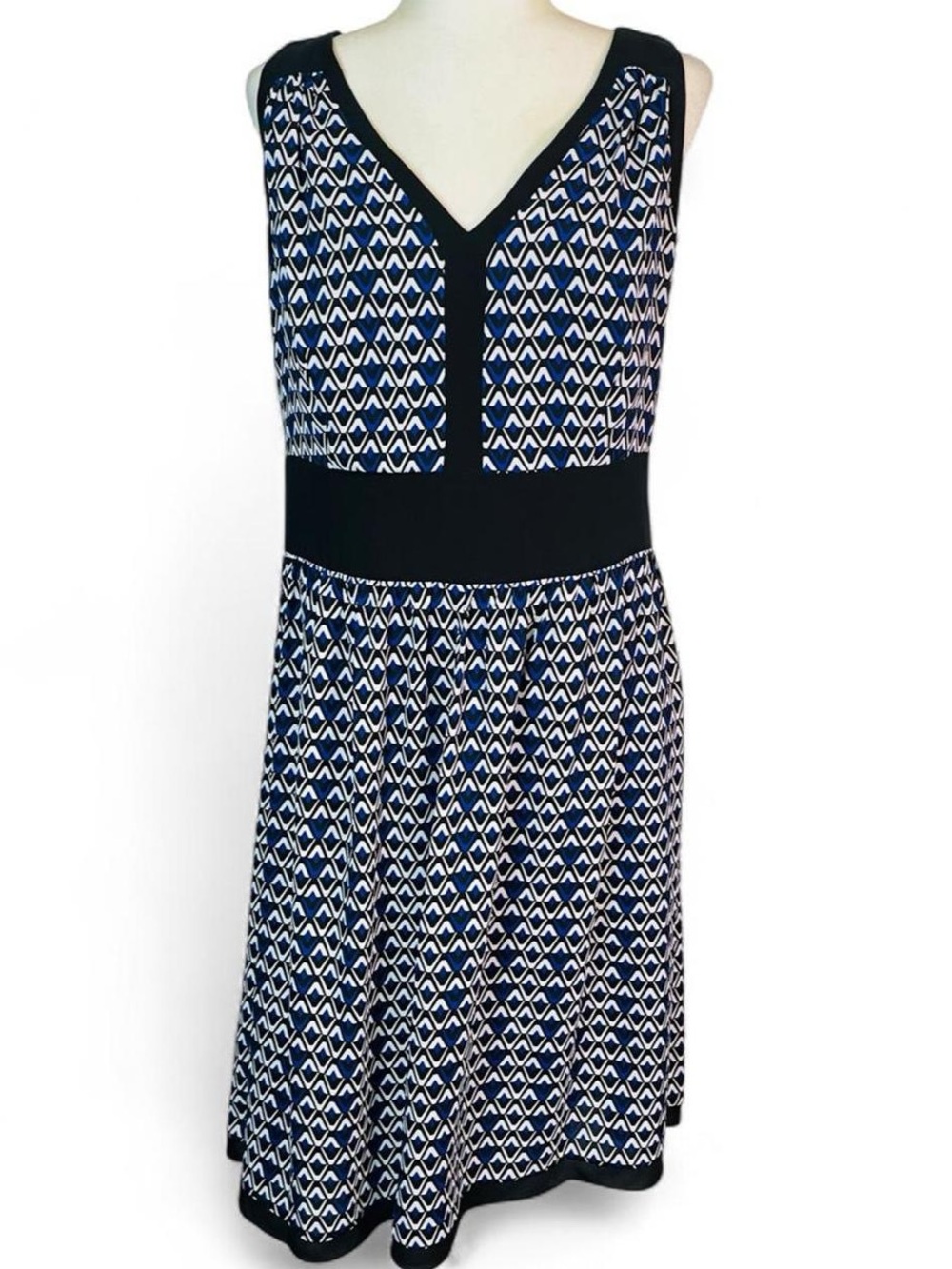 Y2K Anne Klien Size 14 Sleeveless Sheath Dress Blue Black White Work Office Wear